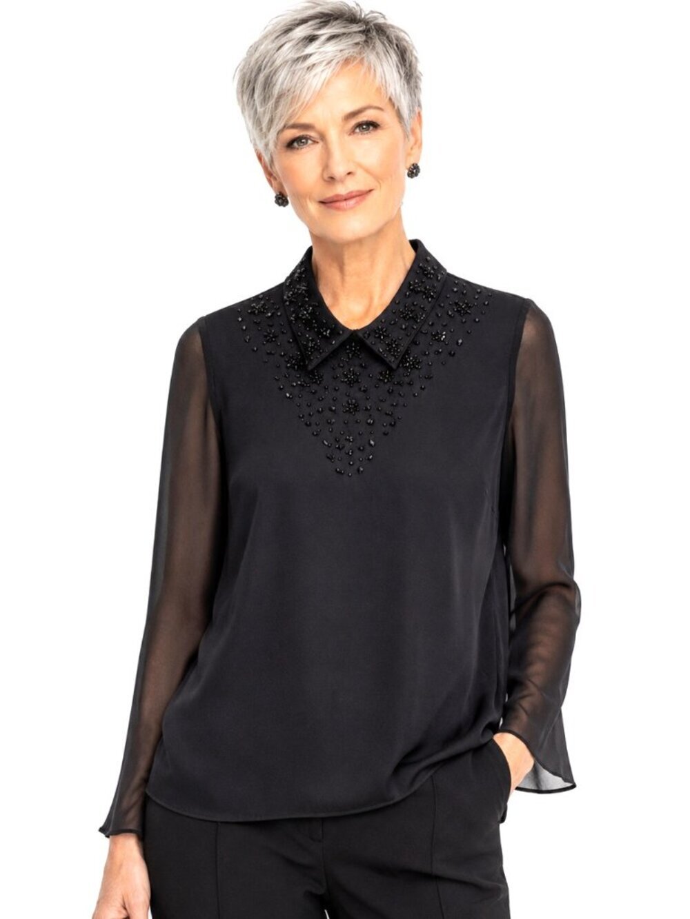 Le Lis Black Embellished Sheer Sleeve Blouse